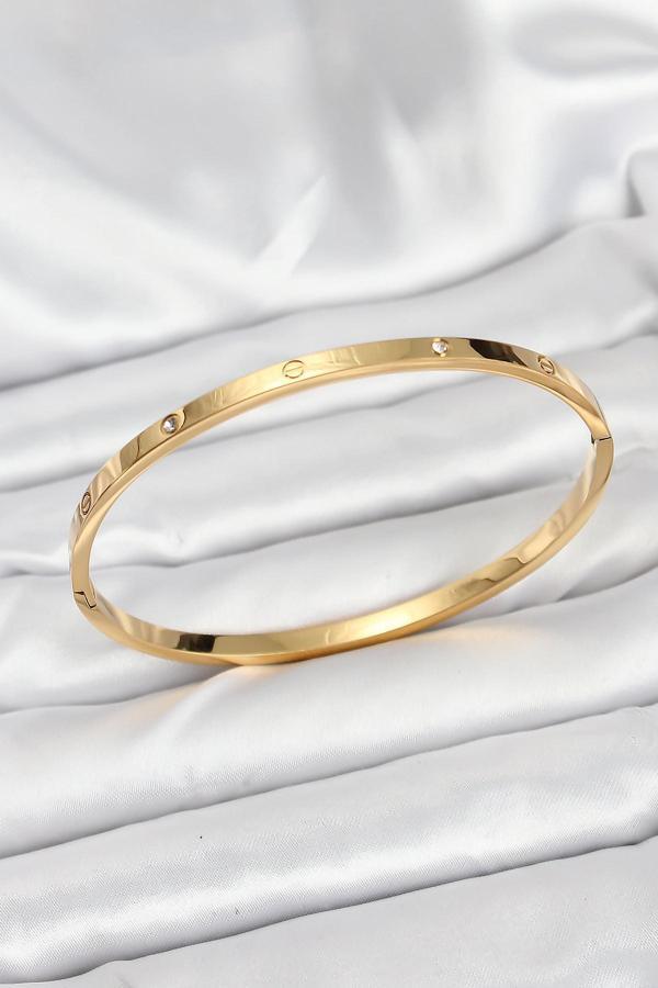 316L Çelik Gold Renk Zirkon Taşlı 65 mm İnce Kadın Kelepçe Bileklik 7914 - Image 1