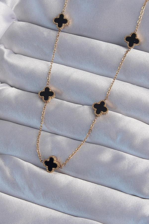 316L Çelik Gold Renk Minimal Siyah Mineli Yonca Kolye 9004 - Image 1