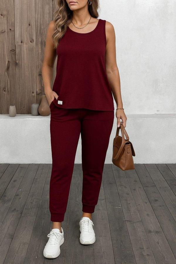 Kadın Askılı Yuvarlak Yaka Viskon Iki Iplik Bluz Ve Eşofman Altı Ikili Takım - Image 1