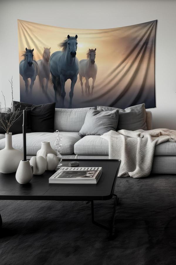 Moud'S Yılkı Atları Desenli Duvar Halısı Duvar Örtüsü Tapestry Süet Dokulu Kumaş - Image 1