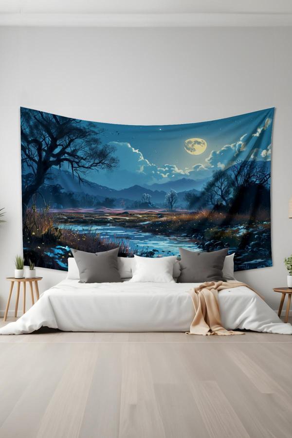 Moud'S Ay Işığı Nehir Manzarası Desenli Duvar Halısı Duvar Örtüsü Tapestry Süet Dokulu Kumaş - Image 1