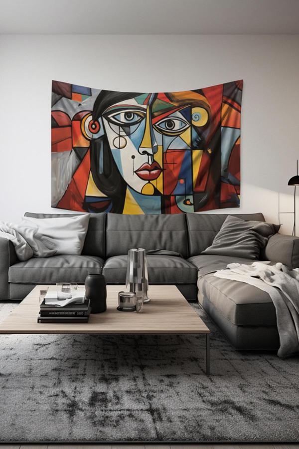 Moud'S Geometrik Yüz Desenli Duvar Halısı Duvar Örtüsü Tapestry Süet Dokulu Kumaş - Image 1