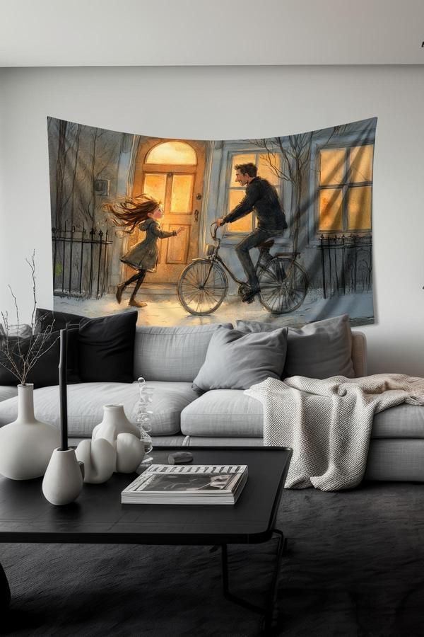 Moud'S Kış Akşamı Kız Ve Baba Desenli Duvar Halısı Duvar Örtüsü Tapestry Süet Dokulu Kumaş - Image 1