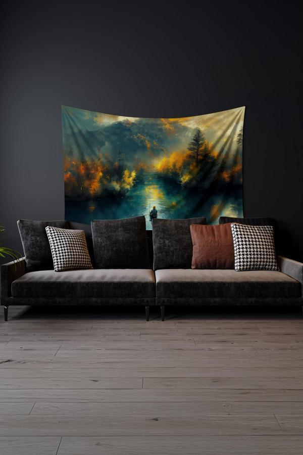 Moud'S Gün Batımında Balıkçı Desenli Duvar Halısı Duvar Örtüsü Tapestry Süet Dokulu Kumaş - Image 1