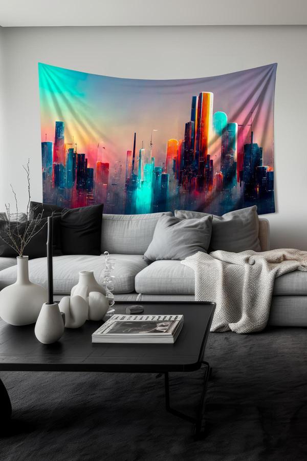 Moud'S Neon Şehir Manzarası Desenli Duvar Halısı Duvar Örtüsü Tapestry Süet Dokulu Kumaş - Image 1