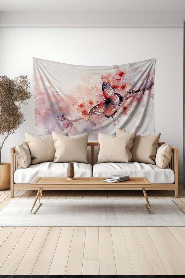Moud'S Çiçek Dalı Ve Kelebek Desenli Duvar Halısı Duvar Örtüsü Tapestry Süet Dokulu Kumaş - Image 1