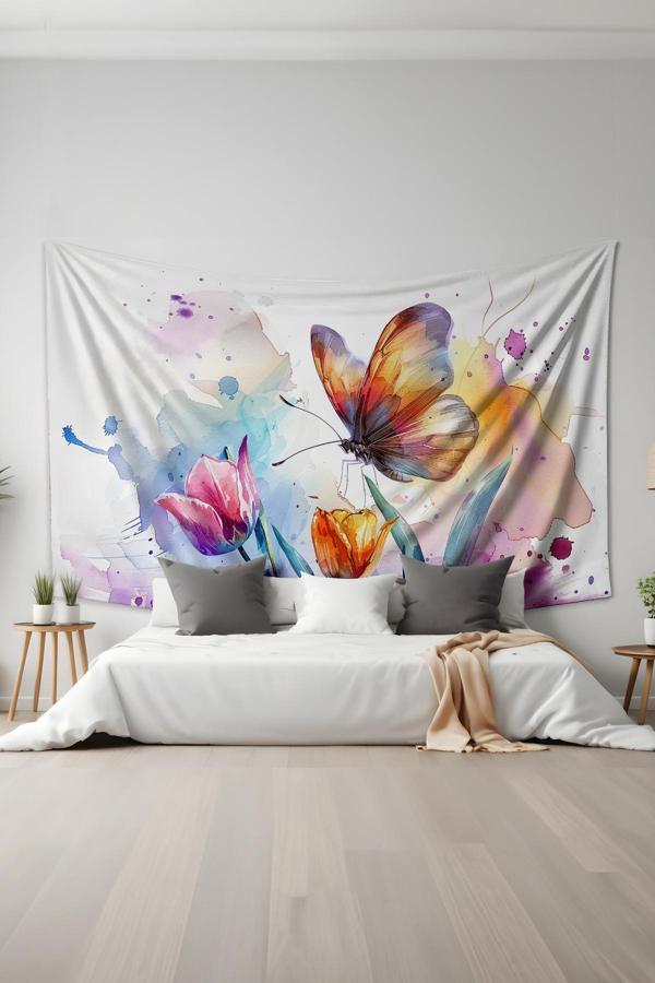 Moud'S Renkli Bahar Kelebek Desenli Duvar Halısı Duvar Örtüsü Tapestry Süet Dokulu Kumaş - Image 1