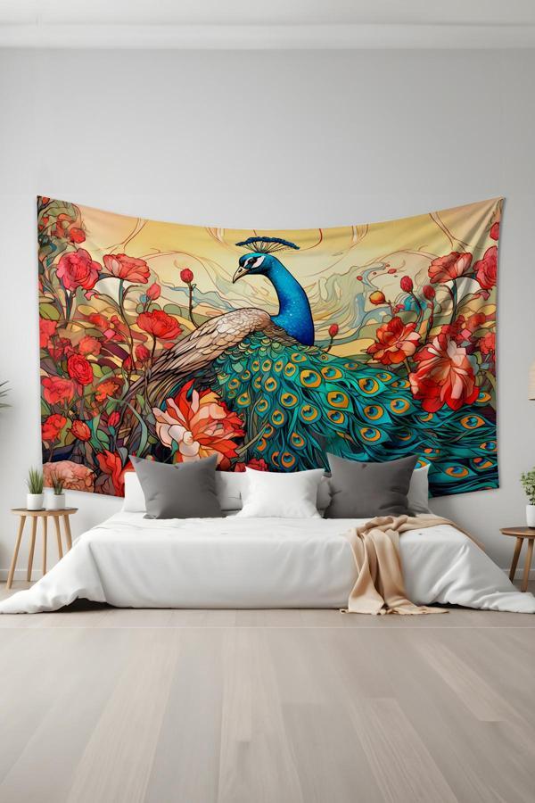 Moud'S Tavus Kuşu Desenli Duvar Halısı Duvar Örtüsü Tapestry Süet Dokulu Kumaş - Image 1