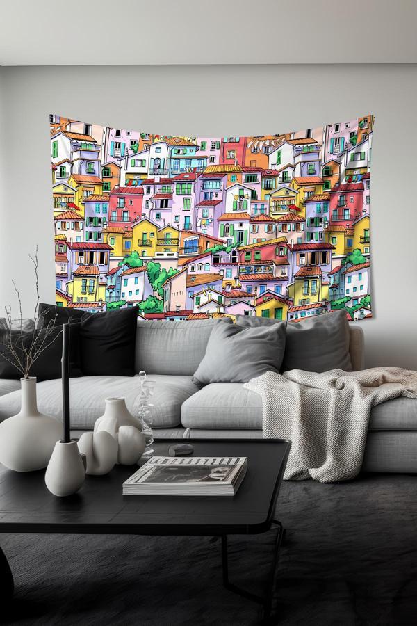 Moud'S Renkli Evler Desenli Duvar Halısı Duvar Örtüsü Tapestry Süet Dokulu Kumaş - Image 1