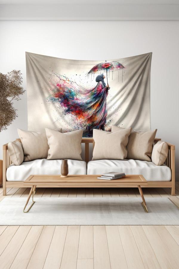 Moud'S Renkli Yağmur Desenli Duvar Halısı Duvar Örtüsü Tapestry Süet Dokulu Kumaş - Image 1