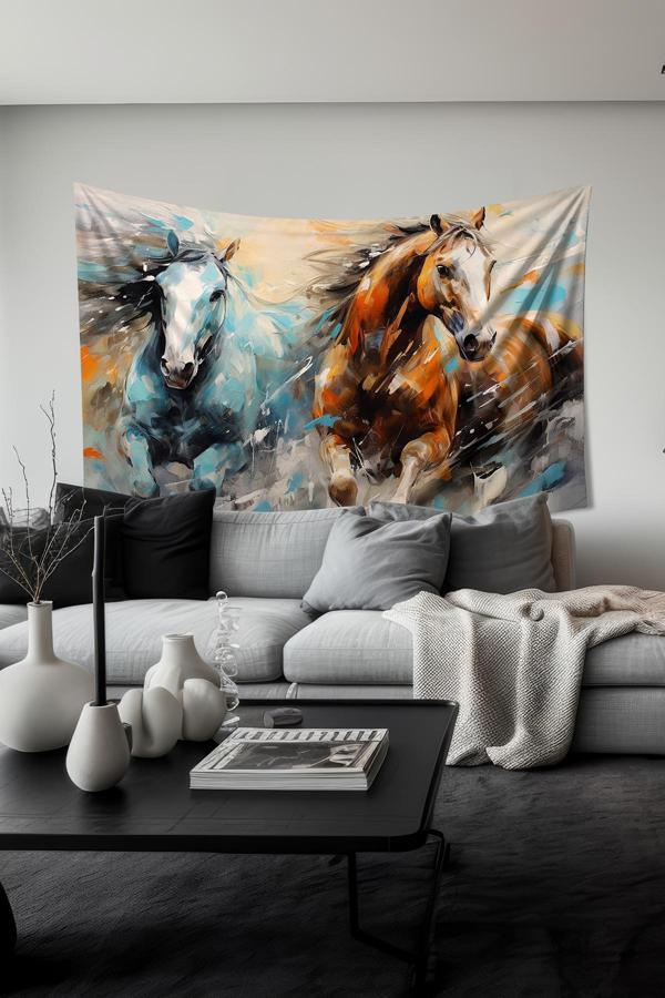 Moud'S Fırça Darbesi Atlar Desenli Duvar Halısı Duvar Örtüsü Tapestry Süet Dokulu Kumaş - Image 1