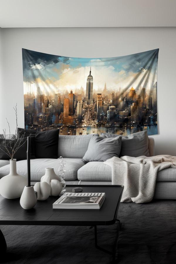 Moud'S Şehir Silüeti Desenli Duvar Halısı Duvar Örtüsü Tapestry Süet Dokulu Kumaş - Image 1