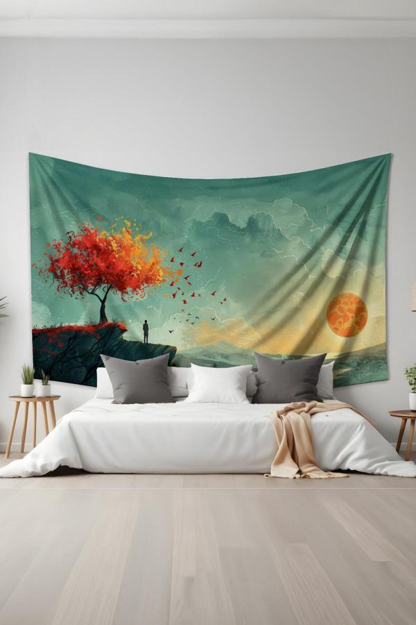 Moud'S Gün Batımında Yalnızlık Desenli Duvar Halısı Duvar Örtüsü Tapestry Süet Dokulu Kumaş - Image 1