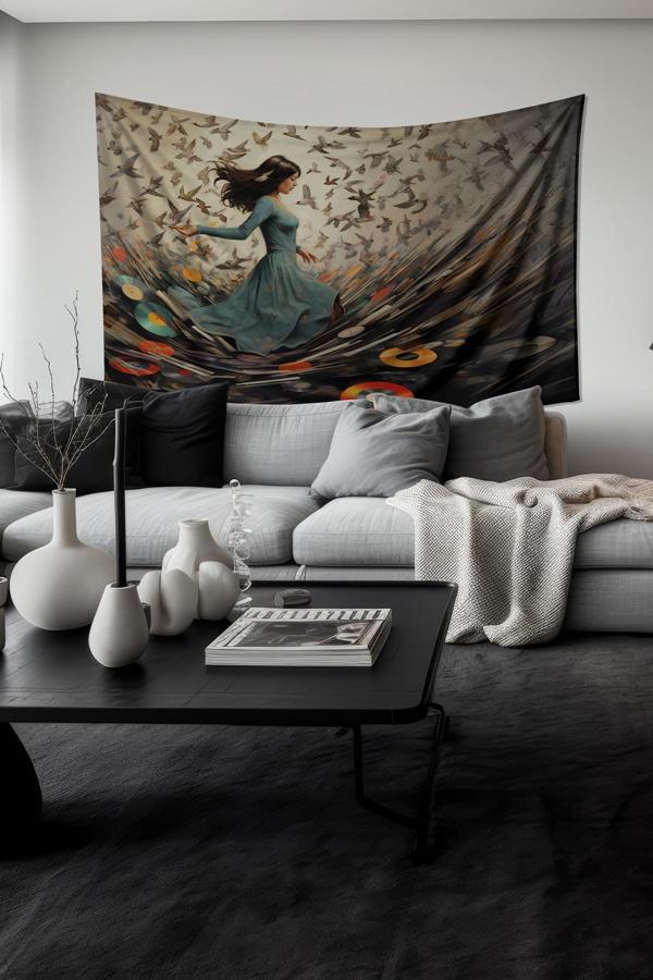 Moud'S Müzik Ve Kuşlar Desenli Duvar Halısı Duvar Örtüsü Tapestry Süet Dokulu Kumaş - Image 1
