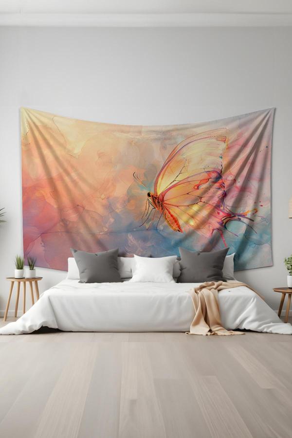 Moud'S Pastel Kelebek Desenli Duvar Halısı Duvar Örtüsü Tapestry Süet Dokulu Kumaş - Image 1