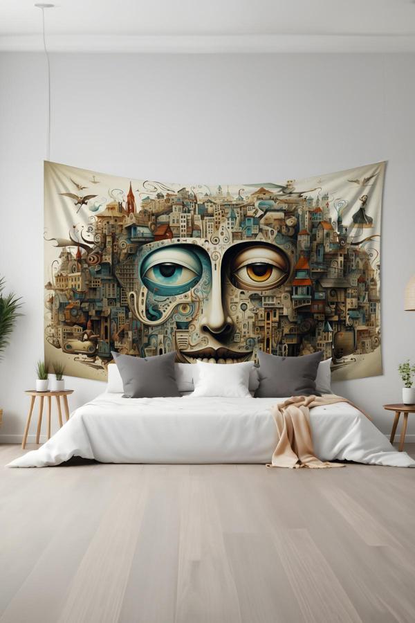 Moud'S Sürreal Yüz Desenli Duvar Halısı Duvar Örtüsü Tapestry Süet Dokulu Kumaş - Image 1