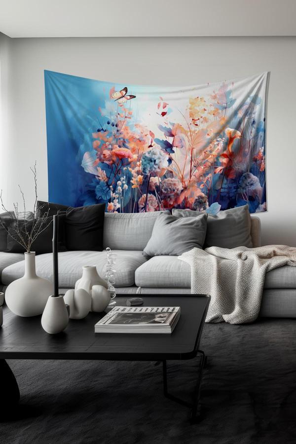 Moud'S Çiçek Bahçesi Ve Kelebekler Desenli Duvar Halısı Duvar Örtüsü Tapestry Süet Dokulu Kumaş - Image 1