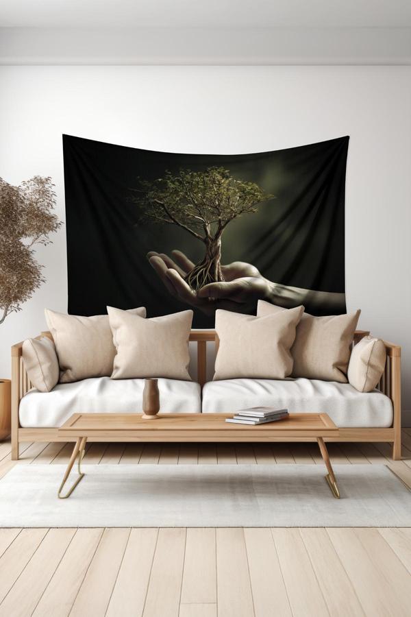 Moud'S Eldeki Yaşam Ağacı Desenli Duvar Halısı Duvar Örtüsü Tapestry Süet Dokulu Kumaş - Image 1