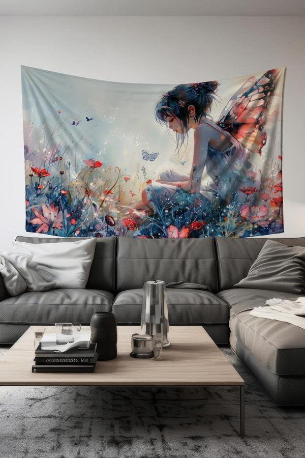 Moud'S Peri Bahçesi Desenli Duvar Halısı Duvar Örtüsü Tapestry Süet Dokulu Kumaş - Image 1
