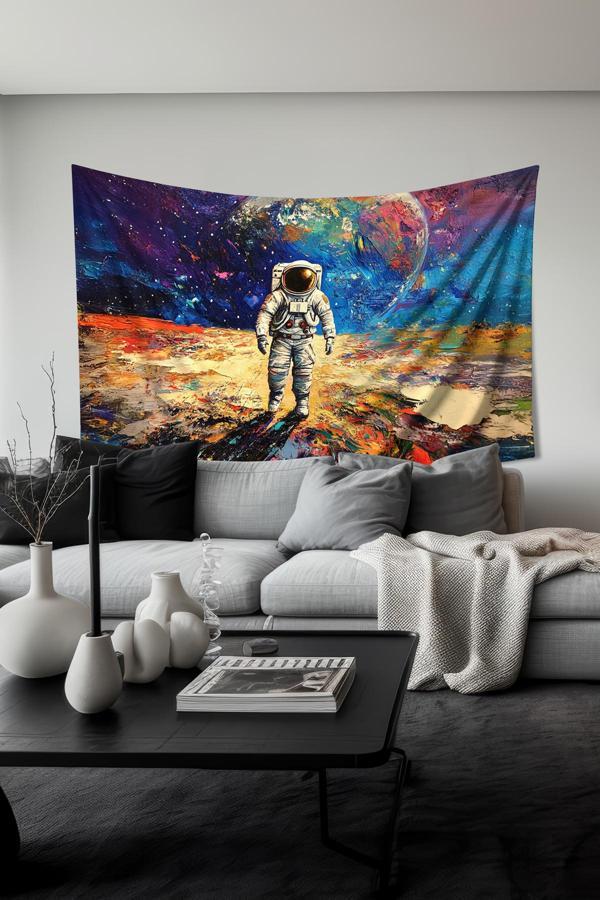 Moud'S Kozmik Astronot Desenli Duvar Halısı Duvar Örtüsü Tapestry Süet Dokulu Kumaş - Image 1