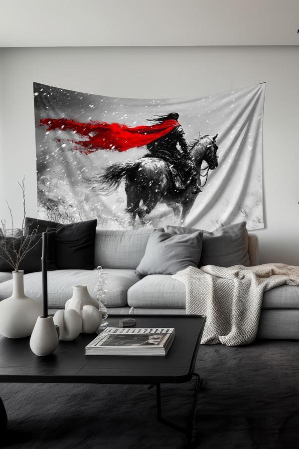 Moud'S Pelerinli Savaşçı Desenli Duvar Halısı Duvar Örtüsü Tapestry Süet Dokulu Kumaş - Image 1