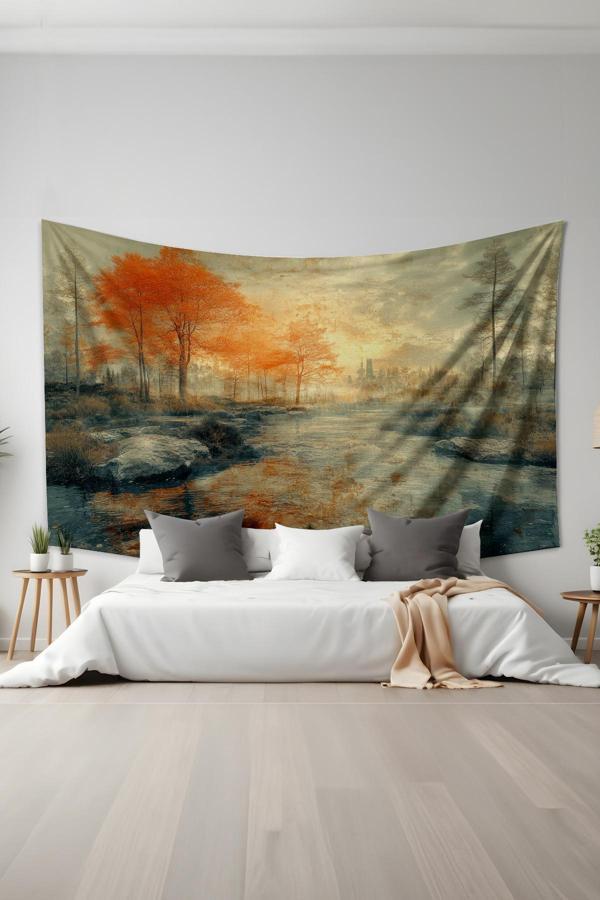 Moud'S Sonbahar Nehir Manzarası Desenli Duvar Halısı Duvar Örtüsü Tapestry Süet Dokulu Kumaş - Image 1