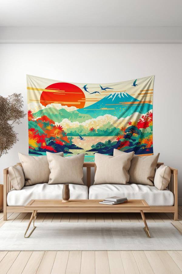 Moud'S Doğanın Renkli Uyanışı Desenli Duvar Halısı Duvar Örtüsü Tapestry Süet Dokulu Kumaş - Image 1