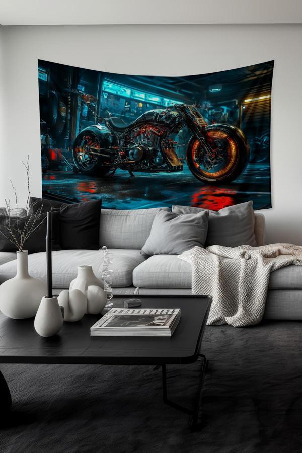 Moud'S Neon Işıklı Motosiklet Desenli Duvar Halısı Duvar Örtüsü Tapestry Süet Dokulu Kumaş - Image 1