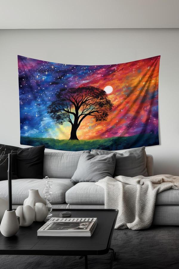 Moud'S Kozmik Renkli Ağaç Desenli Duvar Halısı Duvar Örtüsü Tapestry Süet Dokulu Kumaş - Image 1