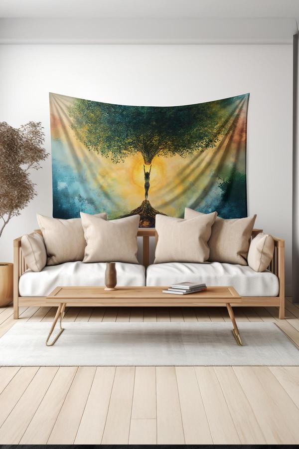 Moud'S Hayat Ağacı Desenli Duvar Halısı Duvar Örtüsü Tapestry Süet Dokulu Kumaş - Image 1