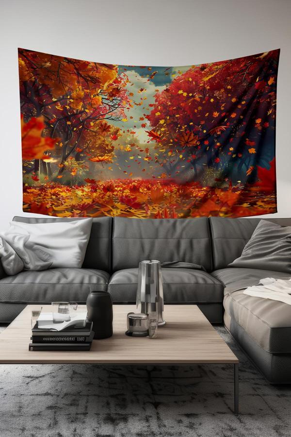 Moud'S Sonbahar Yaprakları Desenli Duvar Halısı Duvar Örtüsü Tapestry Süet Dokulu Kumaş - Image 1