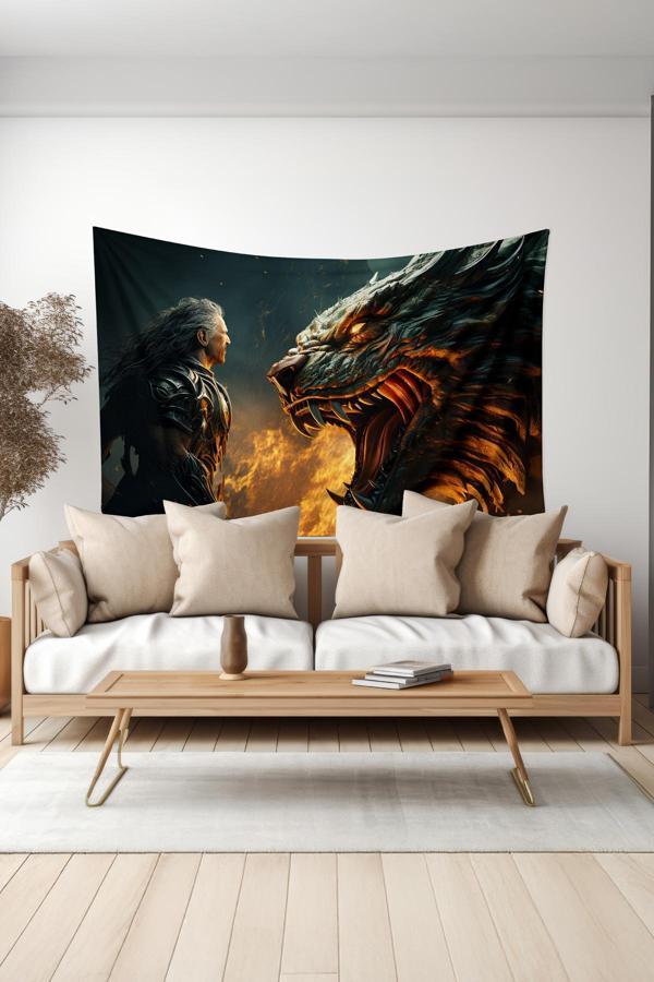 Moud'S Ejderha Ve Savaşçı Desenli Duvar Halısı Duvar Örtüsü Tapestry Süet Dokulu Kumaş - Image 1