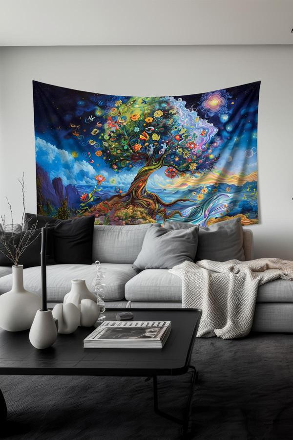 Moud'S Kozmik Yaşam Ağacı Desenli Duvar Halısı Duvar Örtüsü Tapestry Süet Dokulu Kumaş - Image 1