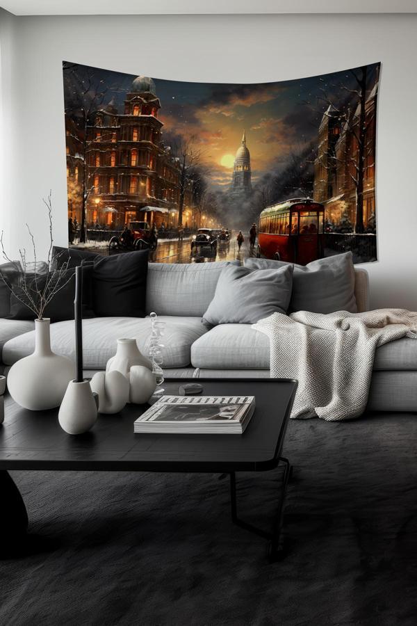 Moud'S Londra Kış Akşamı Desenli Duvar Halısı Duvar Örtüsü Tapestry Süet Dokulu Kumaş - Image 1