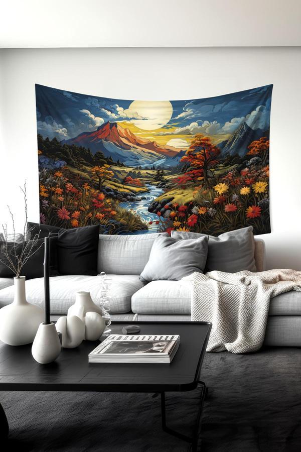 Moud'S Pastel Dağ Manzarası Desenli Duvar Halısı Duvar Örtüsü Tapestry Süet Dokulu Kumaş - Image 1