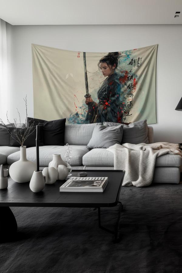 Moud'S Samuray Kadın Desenli Duvar Halısı Duvar Örtüsü Tapestry Süet Dokulu Kumaş - Image 1