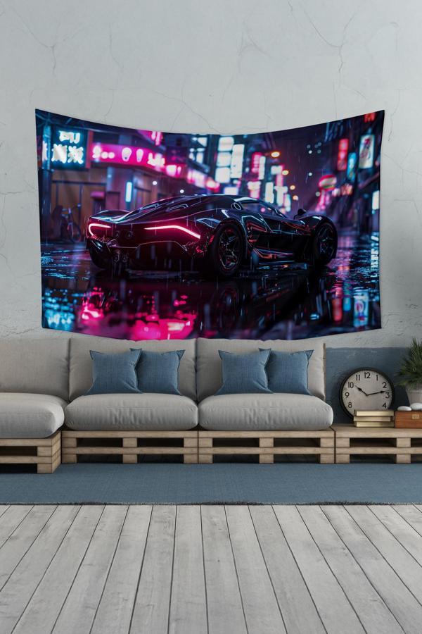 Moud'S Neon Araba Desenli Duvar Halısı Duvar Örtüsü Tapestry Süet Dokulu Kumaş - Image 1
