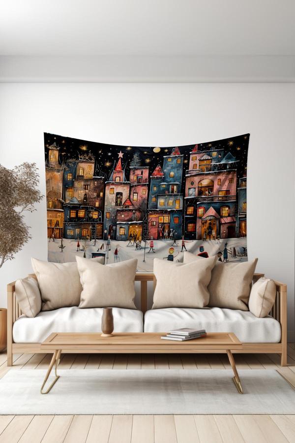 Moud'S Kış Kasabası Desenli Duvar Halısı Duvar Örtüsü Tapestry Süet Dokulu Kumaş - Image 1