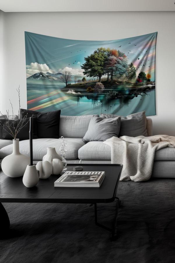 Moud'S Renkli Doğa Yansıması Desenli Duvar Halısı Duvar Örtüsü Tapestry Süet Dokulu Kumaş - Image 1