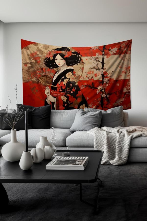 Moud'S Sakura Güzelliği Desenli Duvar Halısı Duvar Örtüsü Tapestry Süet Dokulu Kumaş - Image 1