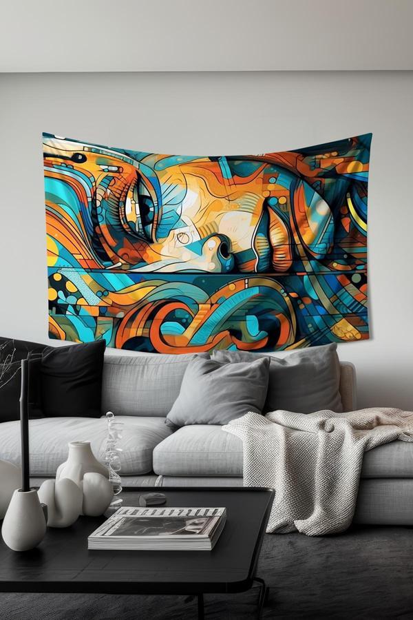 Moud'S Renkli Soyut Yüzler Desenli Duvar Halısı Duvar Örtüsü Tapestry Süet Dokulu Kumaş - Image 1