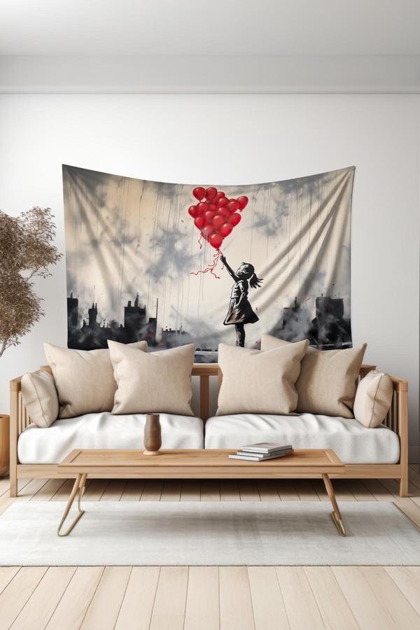 Moud'S Kırmızı Balonlu Kız Desenli Duvar Halısı Duvar Örtüsü Tapestry Süet Dokulu Kumaş - Image 1
