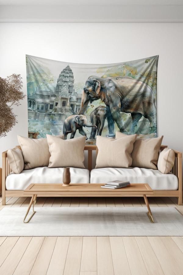 Moud'S Fil Ailesi Ve Tapınak Desenli Duvar Halısı Duvar Örtüsü Tapestry Süet Dokulu Kumaş - Image 1