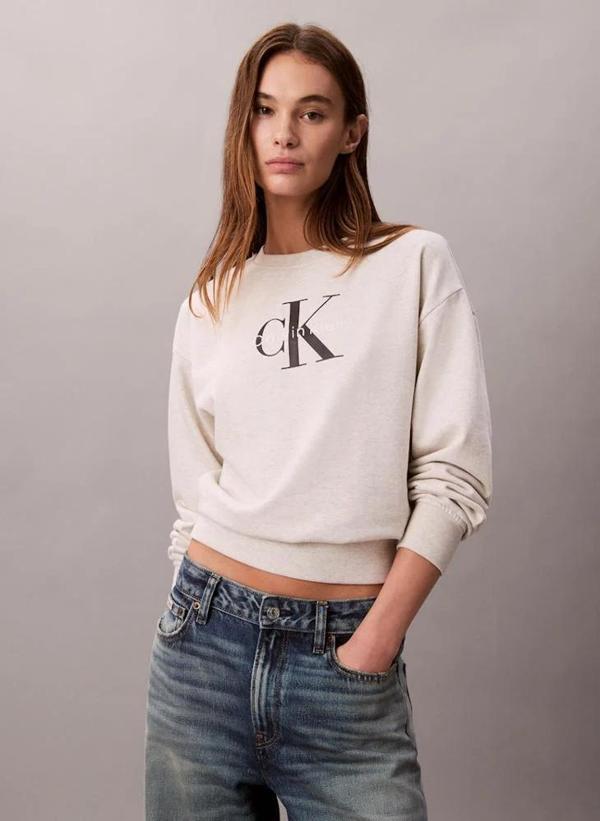 Calvin Klein Jeans Monologo Uzun Kollu Rahat Kesim Penye Bisiklet Yaka Kadın Gri Sweatshirt LV047B23 - Image 1