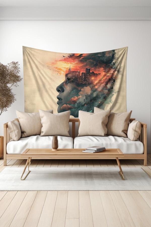 Moud'S Şehir Ve İnsan Desenli Duvar Halısı Duvar Örtüsü Tapestry Süet Dokulu Kumaş - Image 1