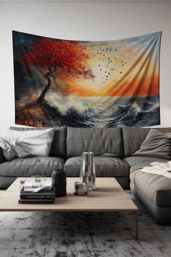 Moud'S Kırmızı Ağaç Desenli Duvar Halısı Duvar Örtüsü Tapestry Süet Dokulu Kumaş - Image 1