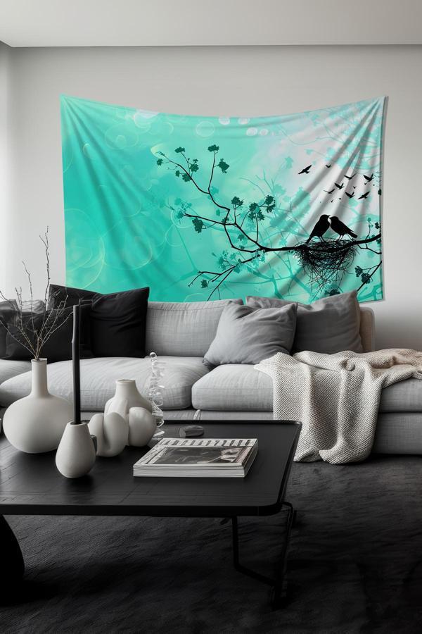 Moud'S Mavi Kış Silüeti Desenli Duvar Halısı Duvar Örtüsü Tapestry Süet Dokulu Kumaş - Image 1