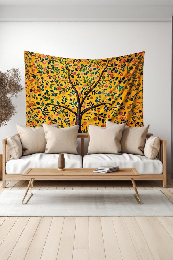 Moud'S Sarı Çiçekli Ağaç Desenli Duvar Halısı Duvar Örtüsü Tapestry Süet Dokulu Kumaş - Image 1