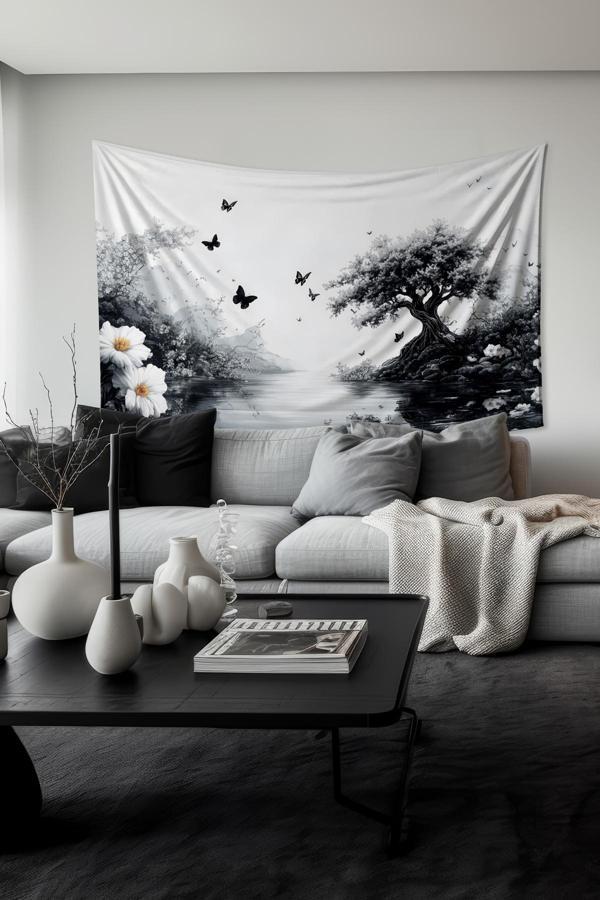 Moud'S Siyah Doğa Manzarası Desenli Duvar Halısı Duvar Örtüsü Tapestry Süet Dokulu Kumaş - Image 1