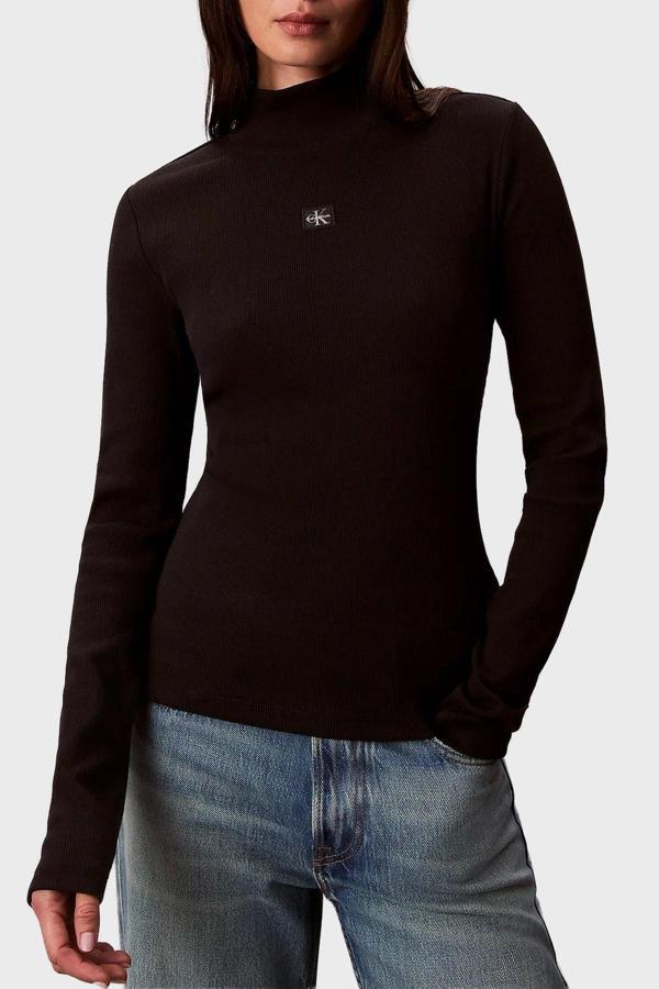 Calvin Klein Jeans Dokuma Etiketli Uzun Kollu Boğazlı Kadın Siyah Gömlek LV047D203G-UB1 - Image 1